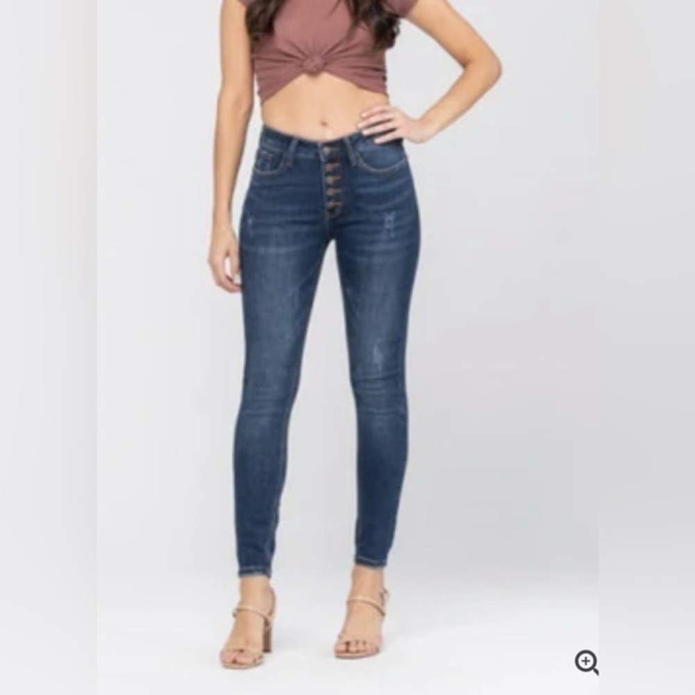 Judy blue high rise, button fly, ankle skinny denim
